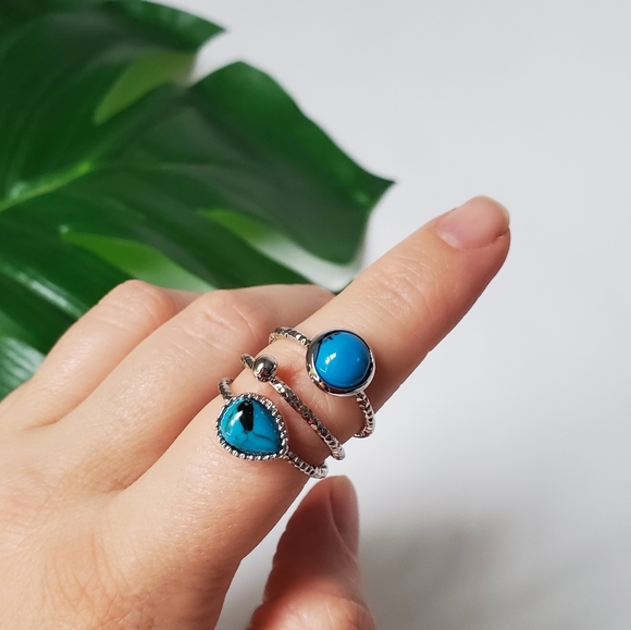 Stacking 3 Ring Set Vintage Silver Blue Stone - Picture 6 of 8